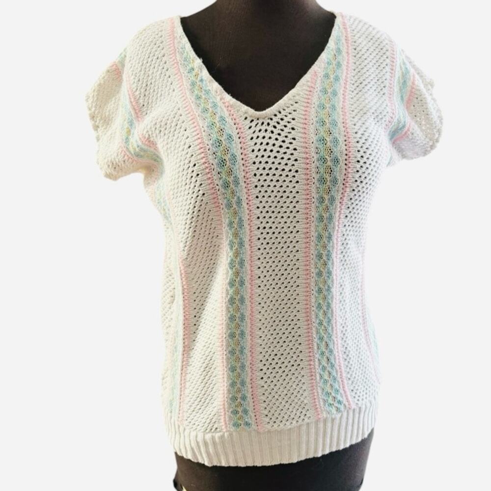Vintage 80s Clifton Place Pastel Open Knit Sweater Cottagecore Boho Womens Sz S